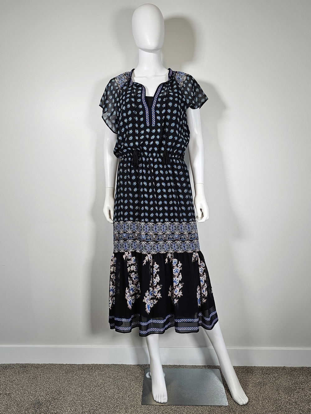 Neiman Marcus Black Midi Dress with Blue & Cream Floral Print Sz L